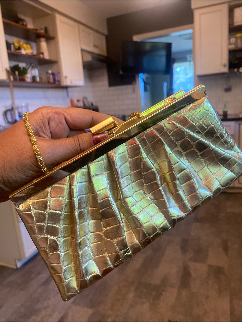 Gold Croc-Embossed Evening Clutch - Women Bags